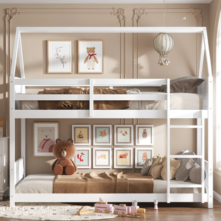 Sunvega Twin Over Twin House Floor Bunk Bed with Headboards Footboards Guardrails and Ladder