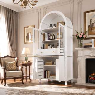 Sunvega Elegant Fluted Tall Arched Pantry Cabinet with Adjustable Shelves
