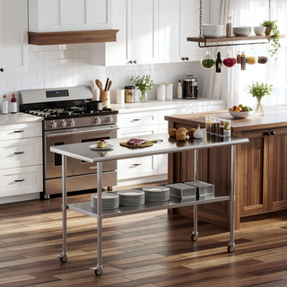 Sunvega NSF Certified Stainless Steel Prep Table with Wheels and Adjustable Undershelf