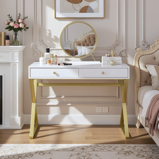 Sunvega White and Gold Vanity Desk with Mirror and Jewelry Storage Tray