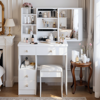 Sunvega Small Size Left Drawer Desktop Vanity Table with Cushioned Stool
