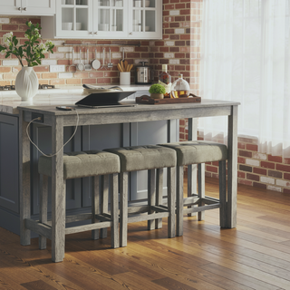 Sunvega 59 Inch Bar Table Set with Power Outlet and 3 Upholstered Stools for Kitchen