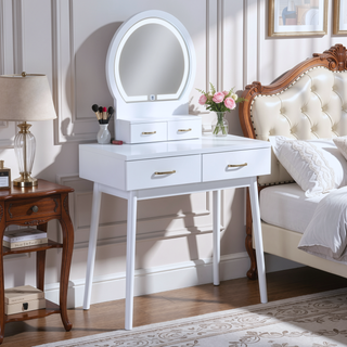 Sunvega Modern Luxury White Vanity Table Set with Built-in LED-lit Mirror and Stool