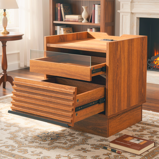 Sunvega Modern Brown Nightstand with Charging Station, Smart LED Lights, and Two Drawers
