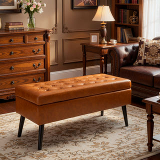 Sunvega Tufted Beige Storage Ottoman Bench with Safety Hinge for Bedroom