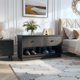 Sunvega Black Storage Bench with Two Open Shelves and Two Drawers for Entryway