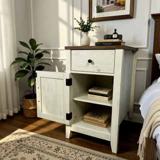 Sunvega Farmhouse End Table with Charging Station, Barn Door, and Drawer for Bedroom