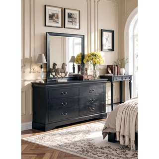 Sunvega Modern Black Dresser with Six Spacious Drawers and Brushed Nickel Handles