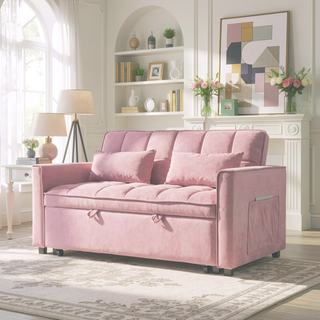 Sunvega Pink Velvet Convertible Sofa Bed with Reclining Backrest and Storage Pockets