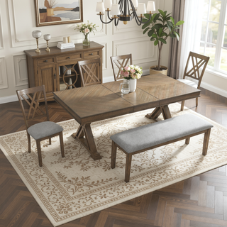 Sunvega Amador Grey Dining Bench with Contemporary Fabric Upholstery and Block Legs