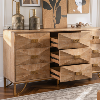 Sunvega Light Wood 6-Drawer Dresser with Geometric Relief and Gold Metal Legs