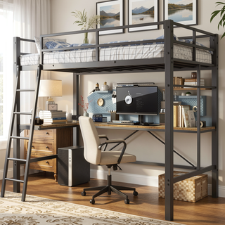 Sunvega Twin Metal Loft Bed with L-Shaped Desk, Charging Station and Safety Guardrails
