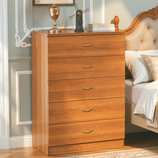 Sunvega Five Drawer Chest with Curved Metal Handles and Glide Rails in Light Cherry