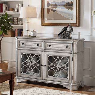 Sunvega Contemporary Silver Finish Server Cabinet with 2 Drawers and Glass Doors