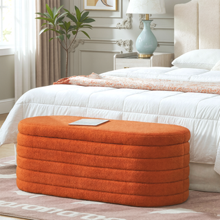 Sunvega Modern Oval Upholstered Boucle Teddy Fabric Storage Ottoman Bench with Safety Hinge