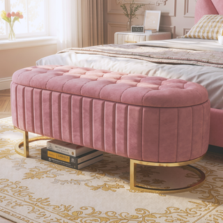 Sunvega Elegant Upholstered Velvet Storage Ottoman with Button-Tufted Design and Metal Legs
