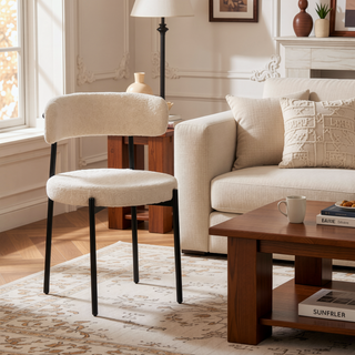 Sunvega Modern Dining Chairs with Tufted Beige Boucle Fabric and Curved Back