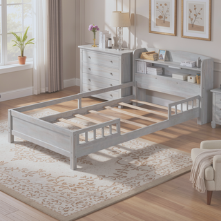 Sunvega Antique Grey Twin Size Wood Platform Bed with Storage Headboard and LED Light