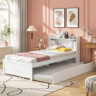 Sunvega White Twin Trundle Bed with Storage Headboard and Bookcase