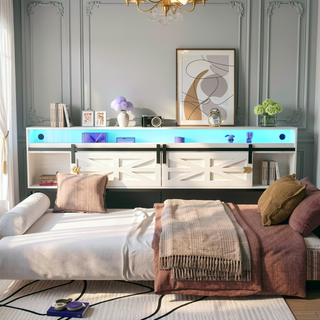 Sunvega Twin Daybed with Trundle Farmhouse Frame Sliding Barn Door Headboard Charging Station