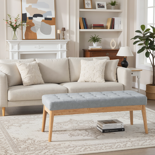 Sunvega Mid Century Modern Tufted Bench with Solid Birch Legs and Natural Finish