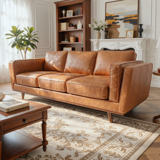 Sunvega Mid Century Modern Top Grain Leather Sofa with High Feet for Living Room