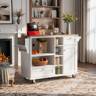 Sunvega White Kitchen Island Cart with Storage Cabinet and Two Locking Wheels for Kitchen Room