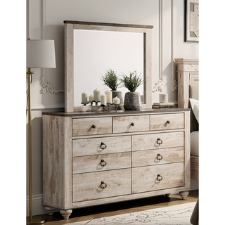 Sunvega White Wash Finish King Sleigh Bed Dresser Mirror Nightstands and Chest
