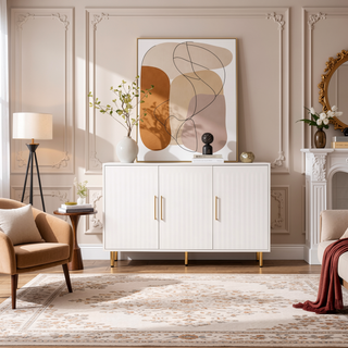 Sunvega White Fluted 3-Door Large Storage Sideboard Cabinet with Gold Handles