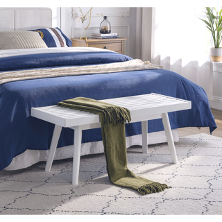Sunvega Farmhouse Style Solid Wood Slatted Bench with Tapered Legs in White