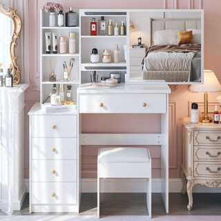 Sunvega 37 Inch Left Bedside Vanity Table with Cushioned Stool and Sliding LED Mirror