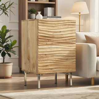 Sunvega Mango Wood Nightstand with Wave Design Cabinet Door and Shelving
