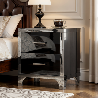 Sunvega High Gloss Mirrored Nightstand with Metal Handle and 2 Drawers for Bedroom