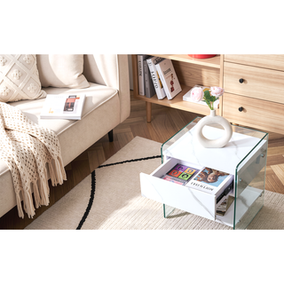 Sunvega Bedside Table with Drawers Made of MDF and Tempered Glass for Storage