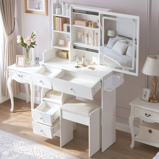 Sunvega Small Size Left Drawer Vanity Table with Cushioned Stool and LED Mirror