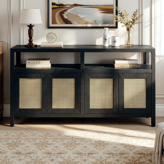 Sunvega Bohemian Style Rattan Buffet Cabinet with Solid Wood Frame and Adjustable Shelves for Living Dining Rooms