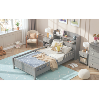 Sunvega Antique Grey Twin Size Wood Platform Bed with Storage Headboard and LED Light