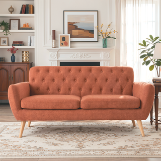 Sunvega Mid-Century Modern Loveseat with Button-Tufted Waffle Stitch Upholstery