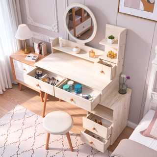 Sunvega Vanity Table with Touch Control LED Mirror and Cushioned Stool, Large Storage Cabinet