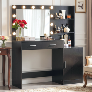 Sunvega Black 46.4 Inch Vanity Desk with Mirror Lights and Large Drawers