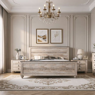 Sunvega White Wash Finish Queen Bed and Two Nightstands with Antique Walnut Trim