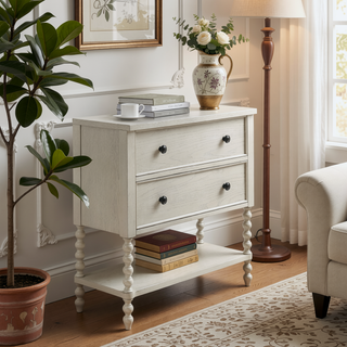Sunvega Antique Cream Nightstand with Turned Legs and Natural Whitewash Look