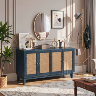 Sunvega Handcrafted Premium Grain Rattan Sideboard Storage Cabinet with 4 Doors