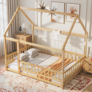Sunvega Natural Wood House Roof Frame Floor Bed with Safety Guardrails