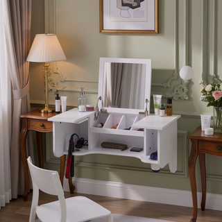 Sunvega White Wall Mount Vanity Ledge with Mirror and Hair Dryer Holsters