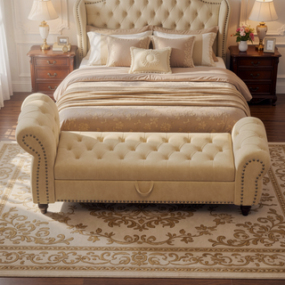 Sunvega Tufted Velvet Upholstered Bed Bench with Storage and High Backrest Chaise Lounge