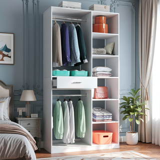 Sunvega Freestanding Closet System with 6 Open Shelves 2 Hanging Rods and 1 Wood Drawer