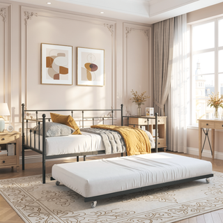 Sunvega Twin Size Victorian Style Metal Daybed Frame with Trundle Set for Guest Room