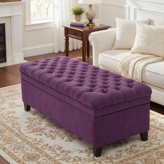 Sunvega Blue Fabric Storage Ottoman with Birch Legs for Living Room Seating