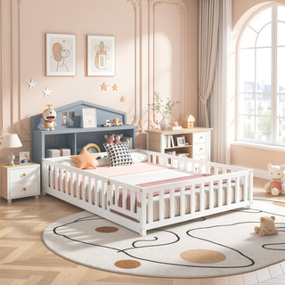 Sunvega Natural Wooden Montessori Floor Bed Frame with Fence and Door for Kids